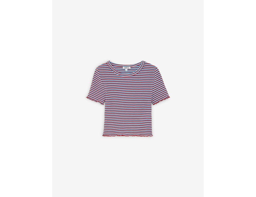 Tee-shirt côtelé blanc à rayures rouges et bleues