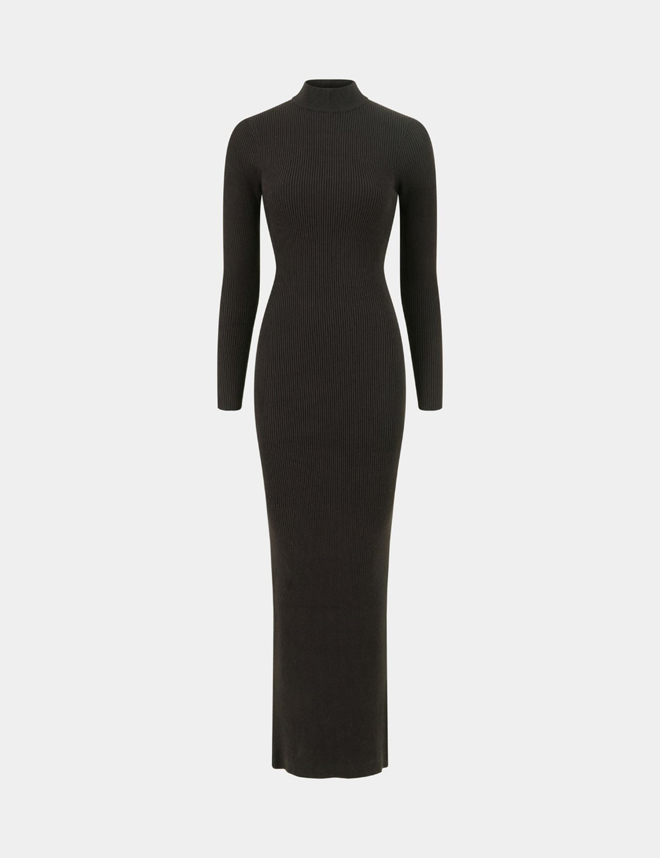 Robe longue côtelée à col montant noire - Image 1