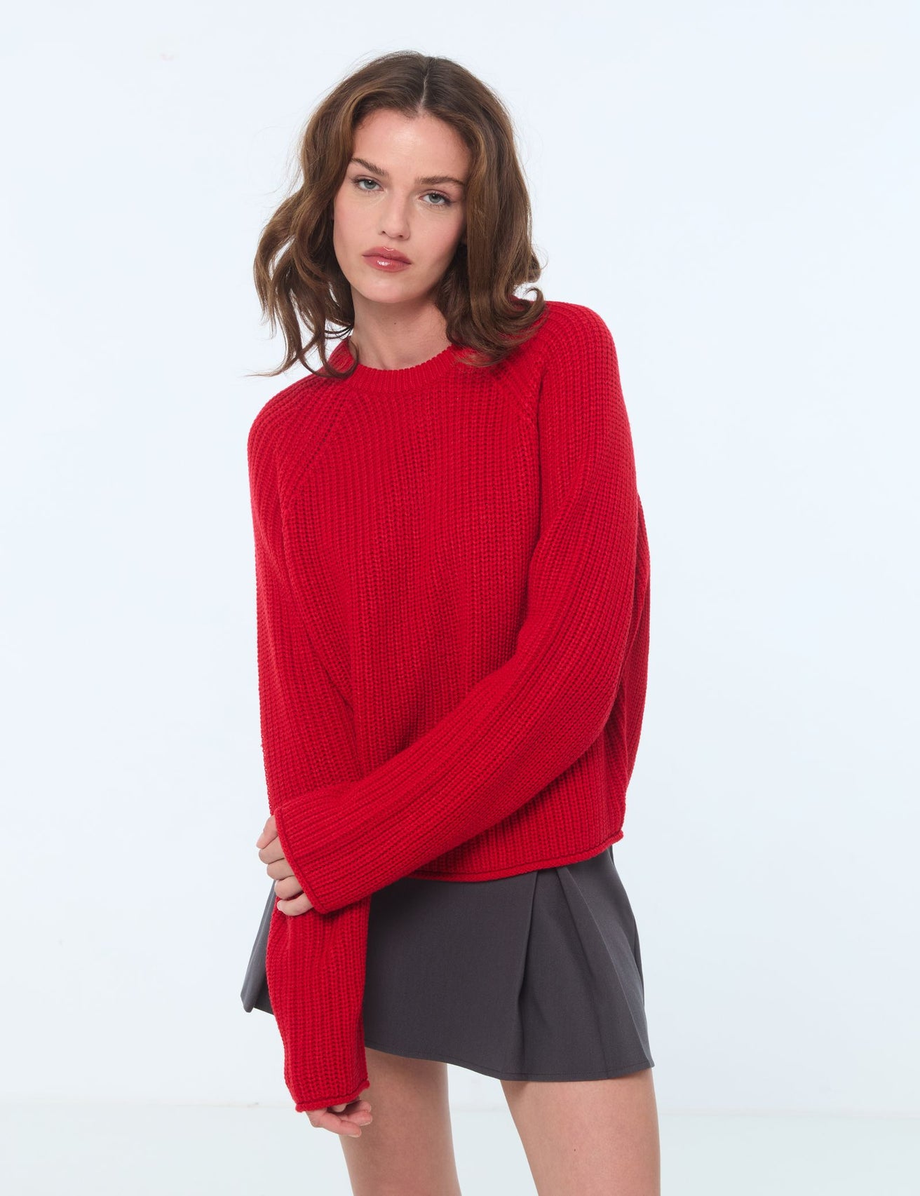 Pull en maille tressée rouge - Image 1
