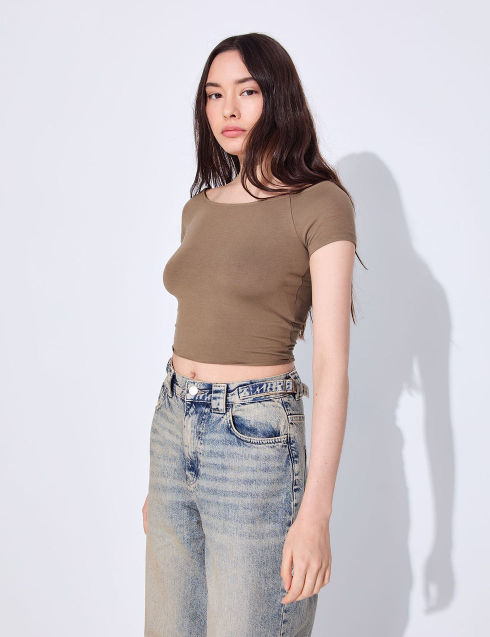 T-shirt col bardot vert kaki