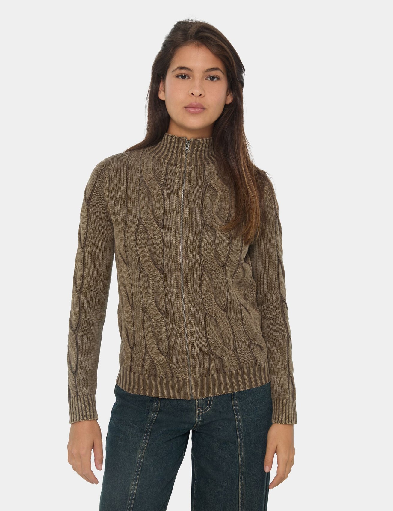Gilet en maille tréssée marron clair - Image 1