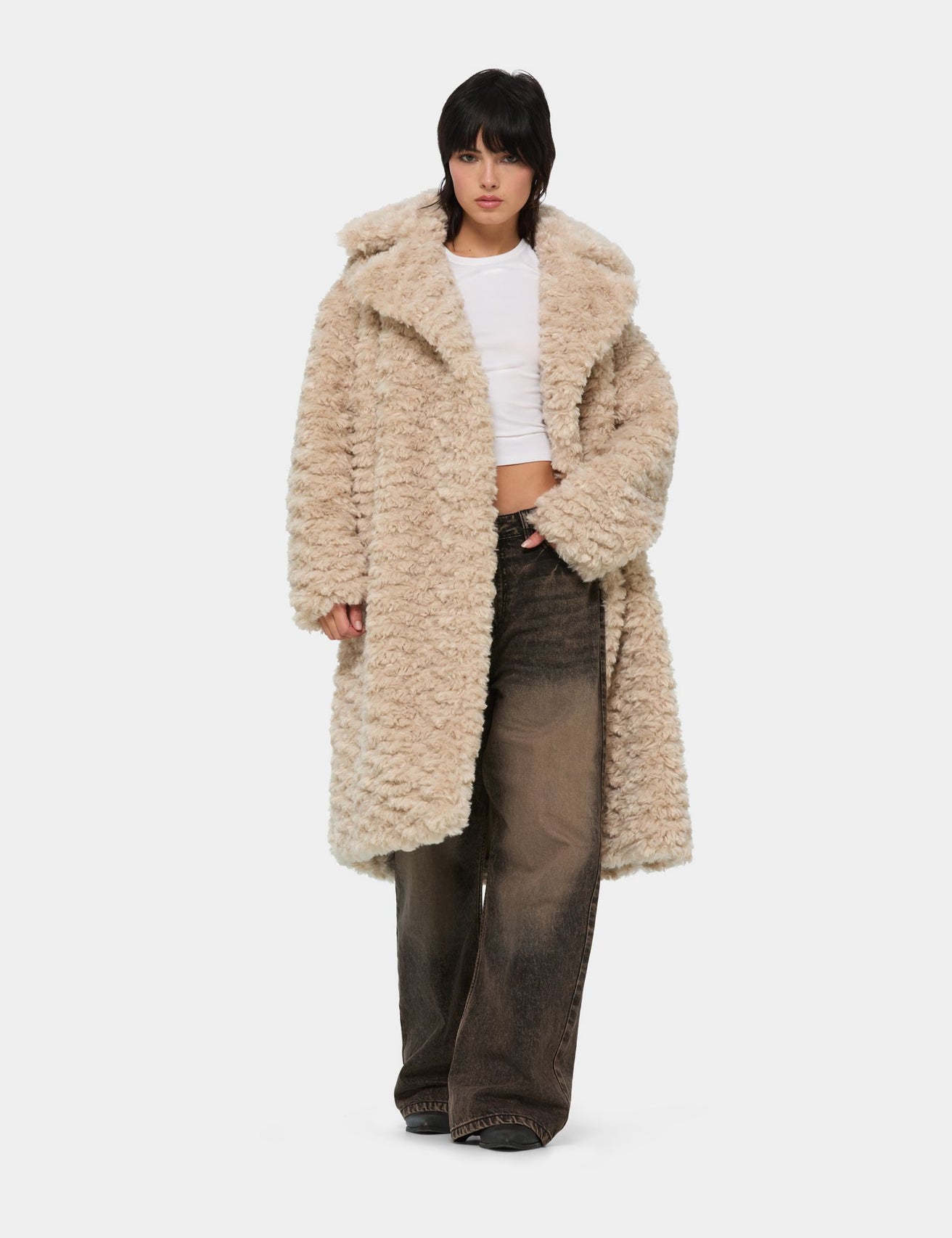 Manteau long à poils doux crème - Image 1