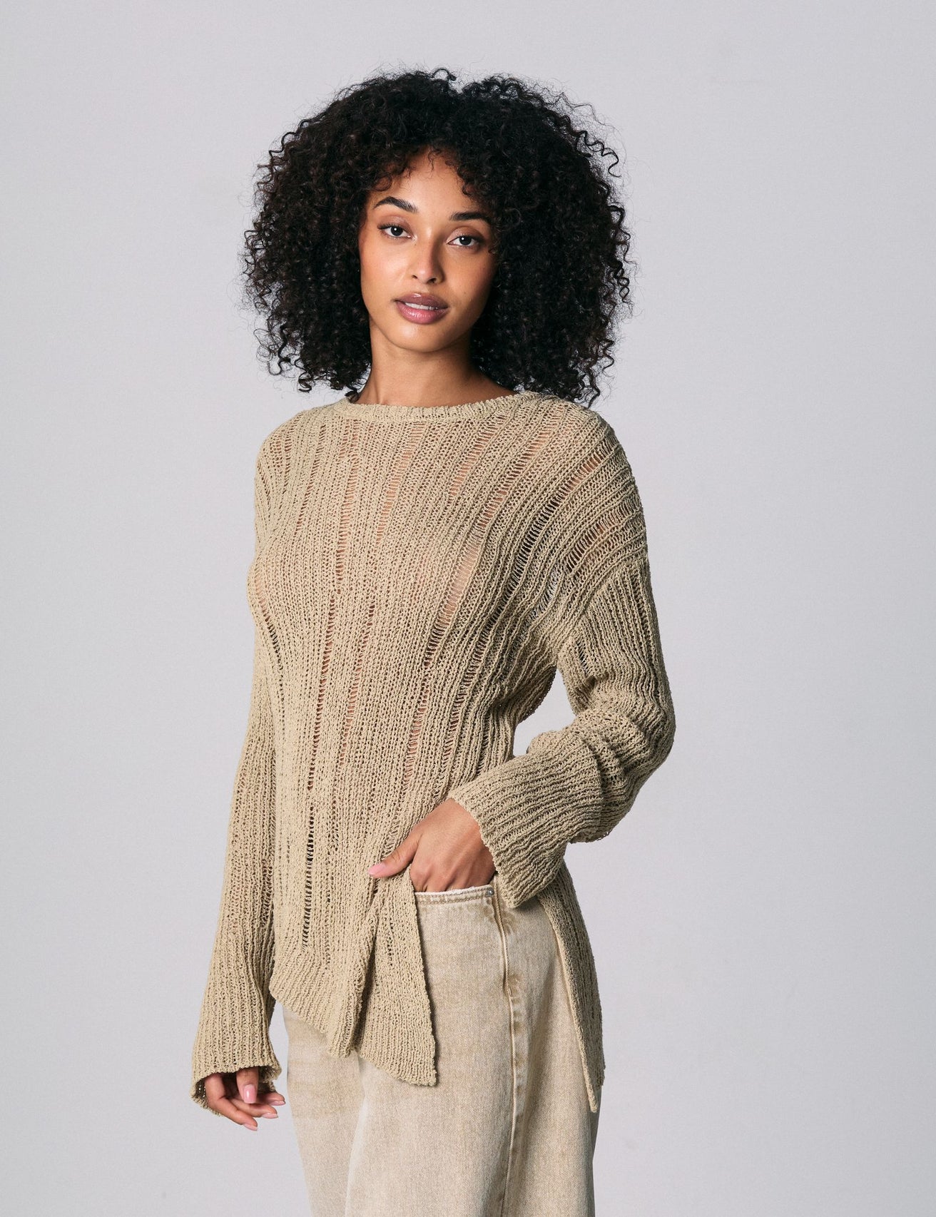 Pull ajouré beige kaki - Image 2