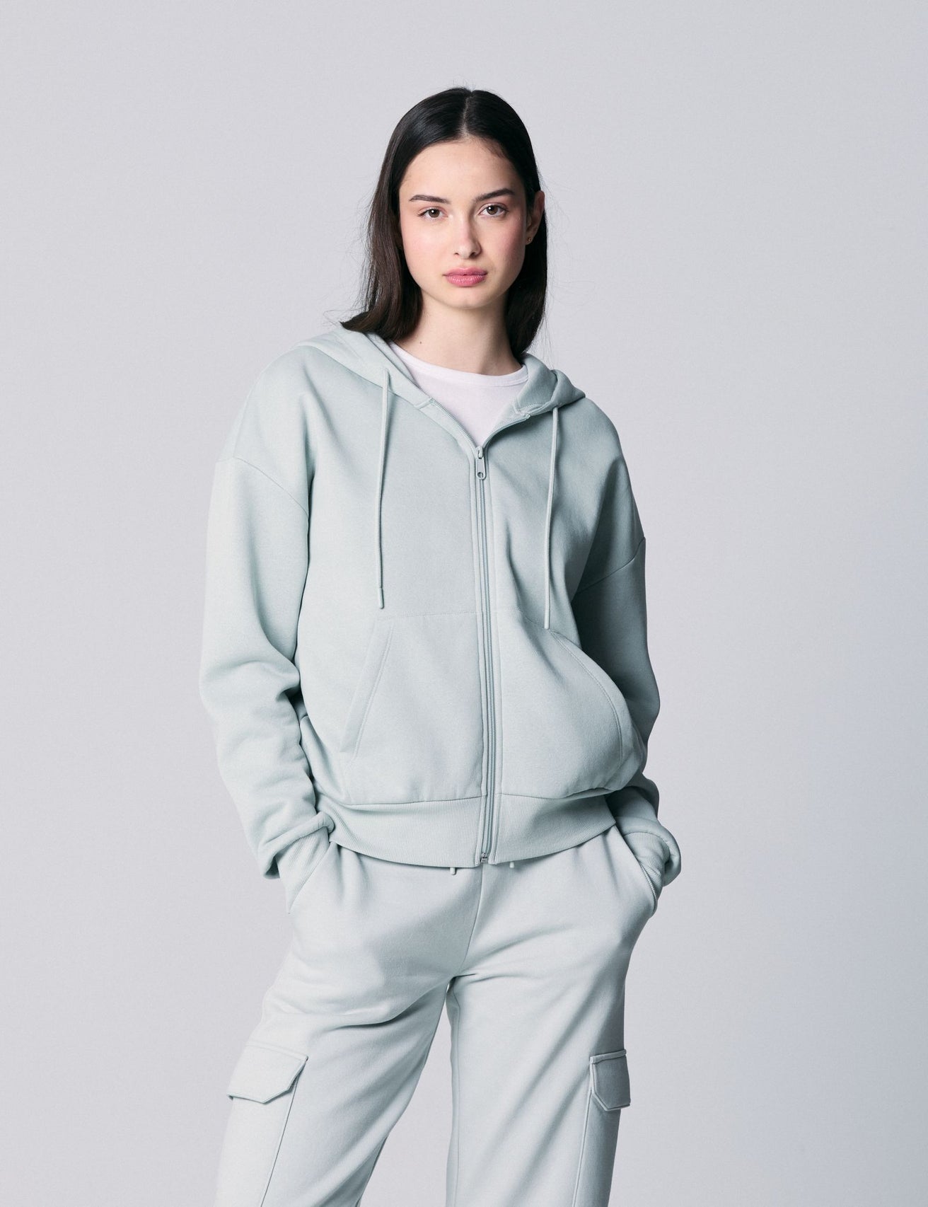 Sweat zippé à capuche vert clair - Image 1