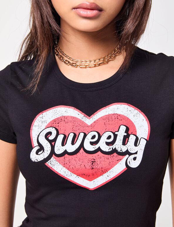 T-shirt court noir imprimé : sweety fille