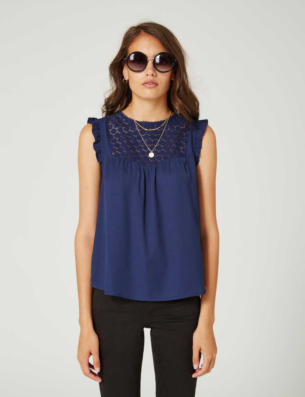Navy blue blouse with lace detail woman • Jennyfer