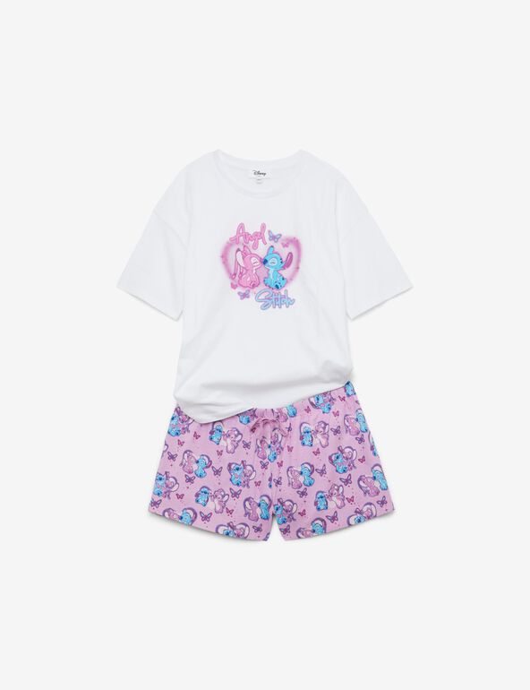 Pyjama short imprimé Stitch et Angel  blanc et rose  ado