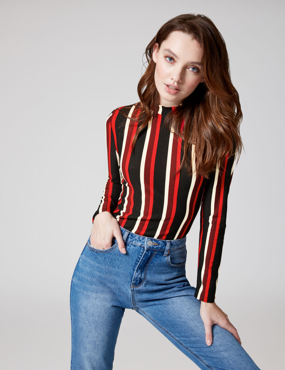 red black and white striped shirt