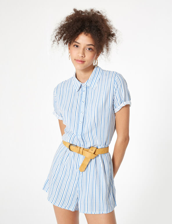 Light blue and white striped button playsuit teen