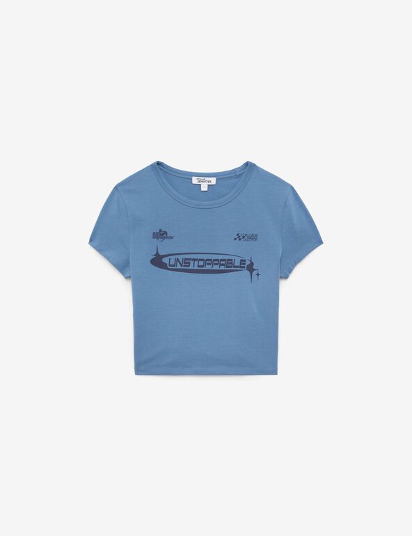 T-shirt court bleu ardoise imprimé : unstoppable ado