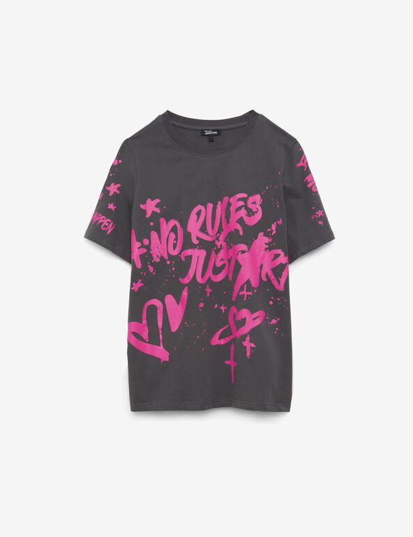 T-shirt gris foncé à motif graffiti rose teen