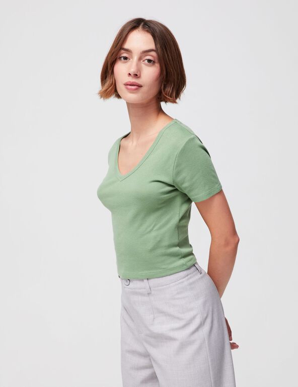 Tee-shirt basic ajusté col V vert fille