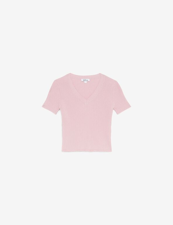 Top tee-shirt rose col V en maille côtelée