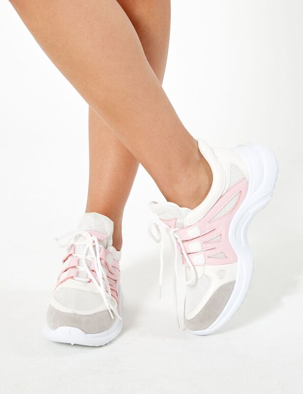 White and pink mixed fabric trainers teen