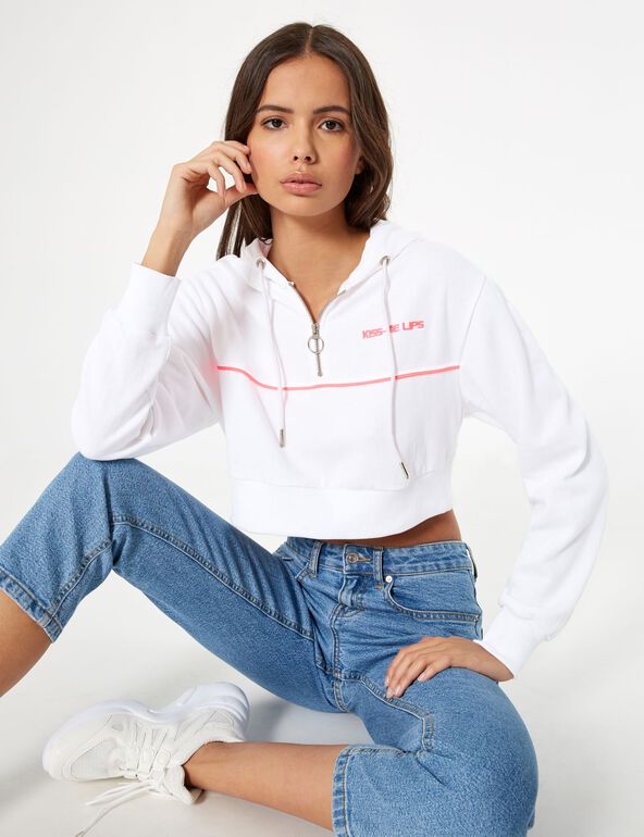 White and neon pink cropped zip-up hoodie teen