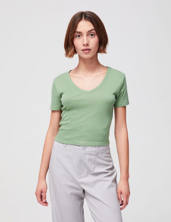 Tee-shirt basic ajusté col V vert teen