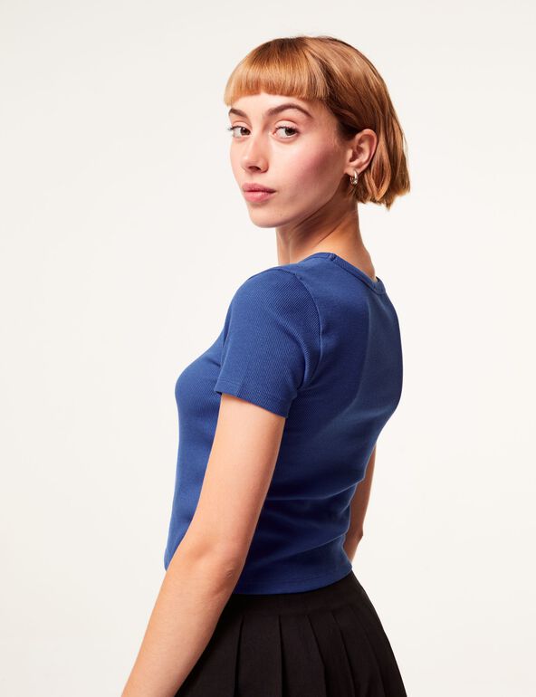 Tee-shirt bleu indigo côtelé basic girl