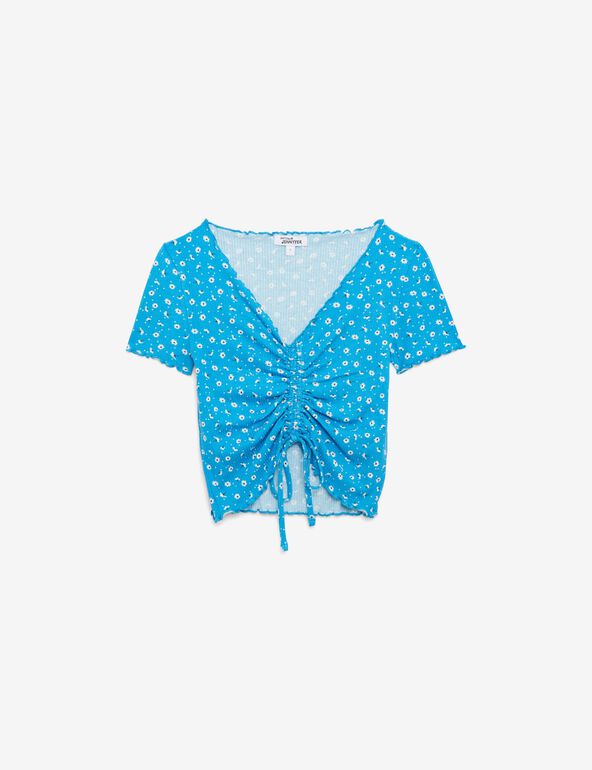 T-shirt court fleuri à fronces bleu océan teen