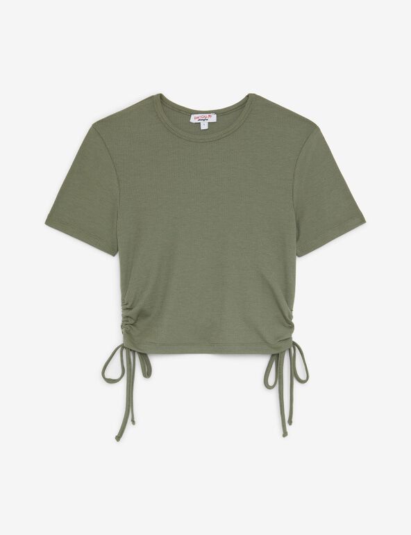 Top tee-shirt kaki avec fronces sur les côtés et liens à nouer