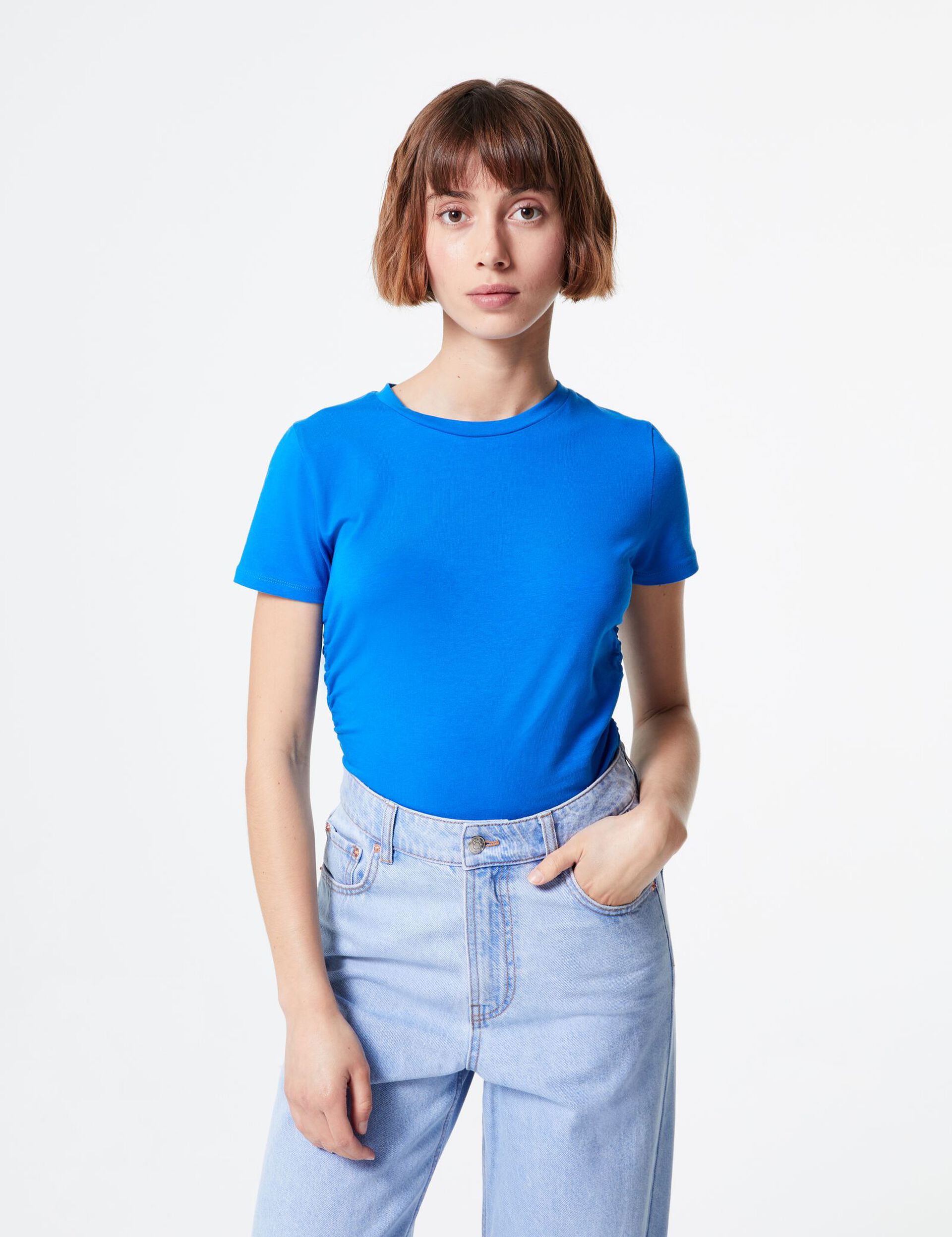 Top tee-shirt bleu avec fronces