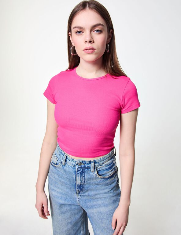 T-shirt basic côtelé rose teen