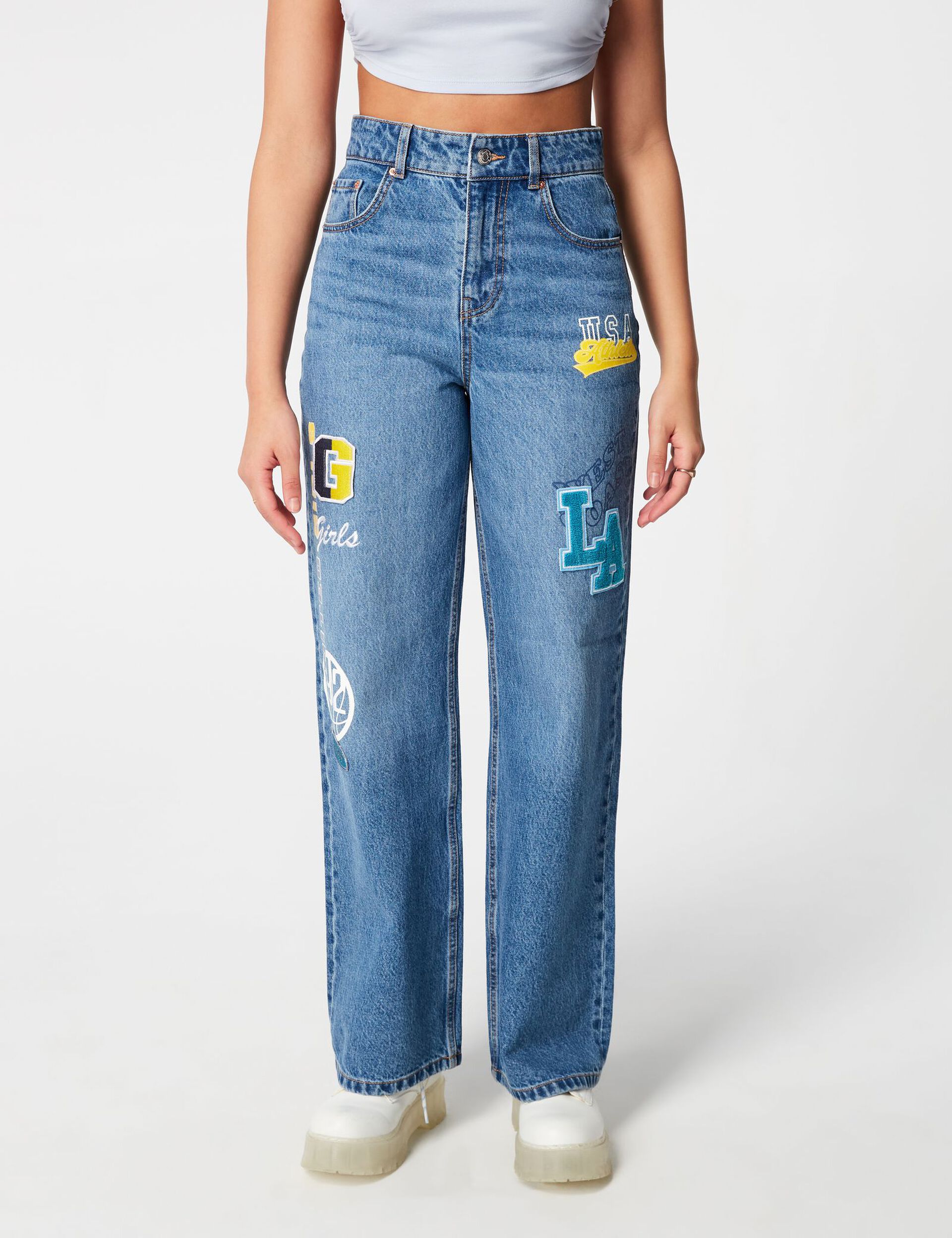 Wide-leg slogan jeans