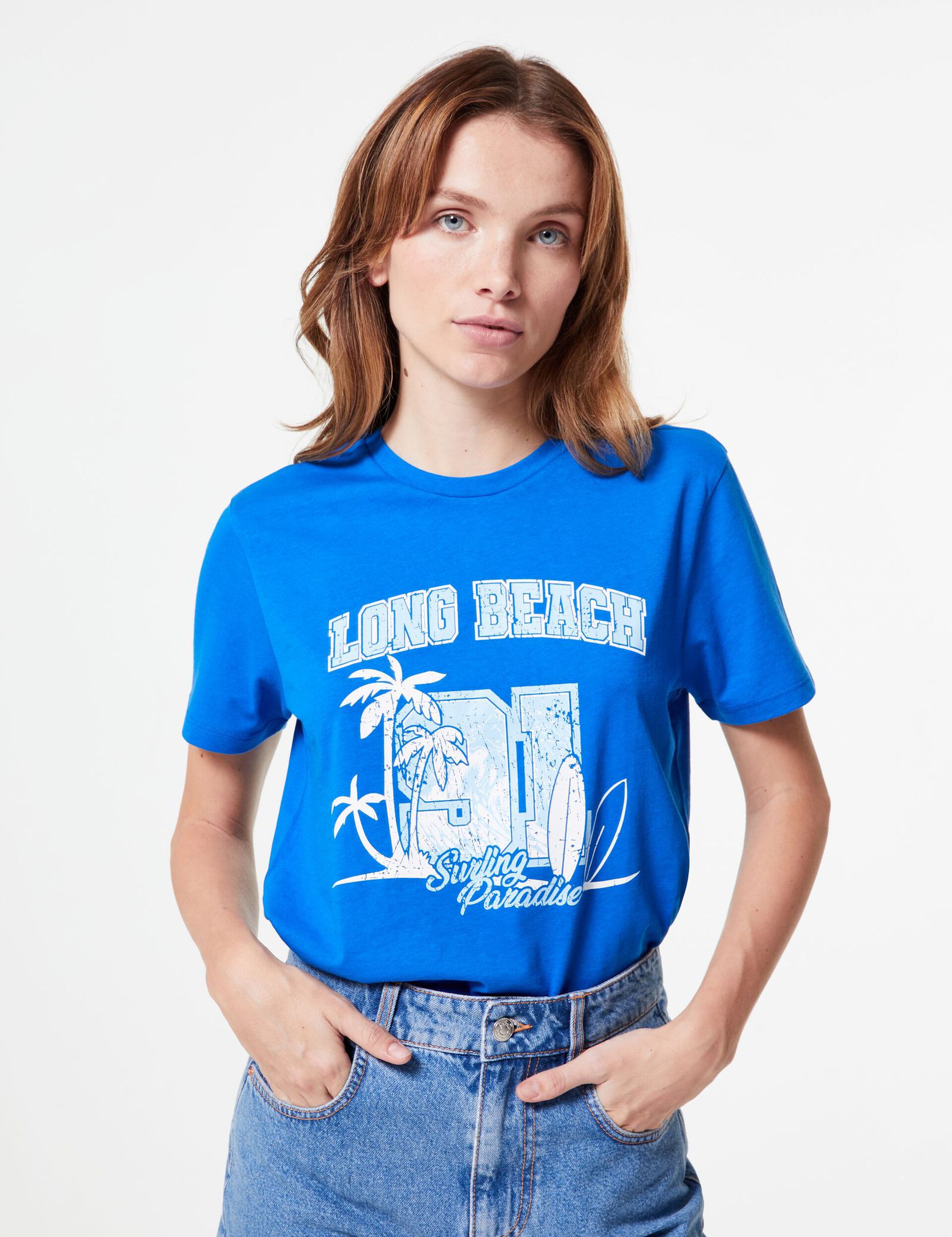 Tee-shirt, message Long Beach, col rond, finitions bords côtes, manches courtes.