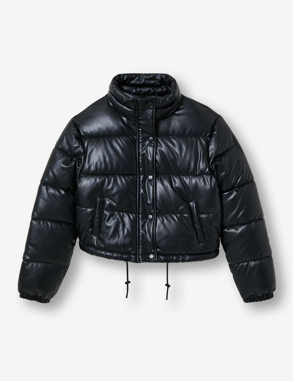 High-necked imitation-leather padded jacket