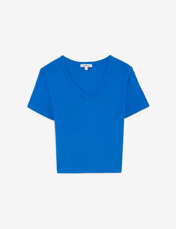 Tee-shirt basic ajusté col V bleu 