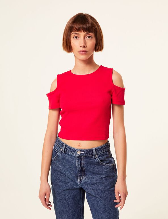Tee-shirt rouge avec découpes sur les manches ado