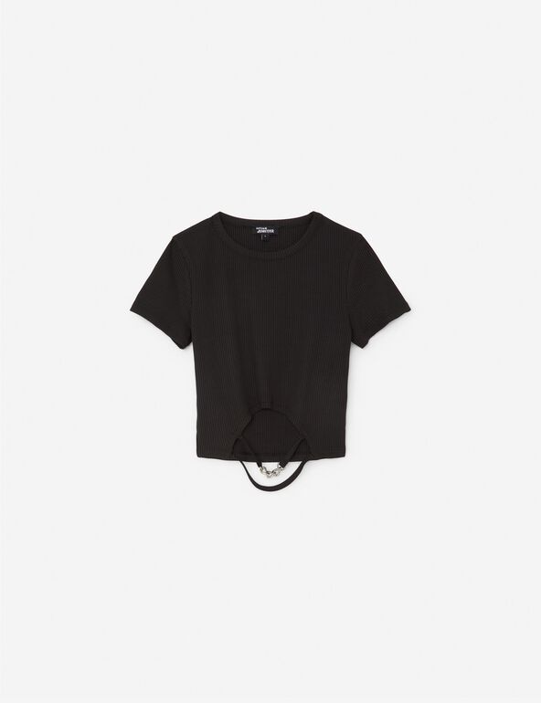 Tee-shirt côtelé noir avec chaîne 
