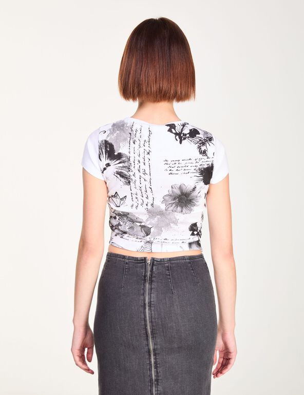 T-shirt court noir et blanc avec motifs fleurs girl