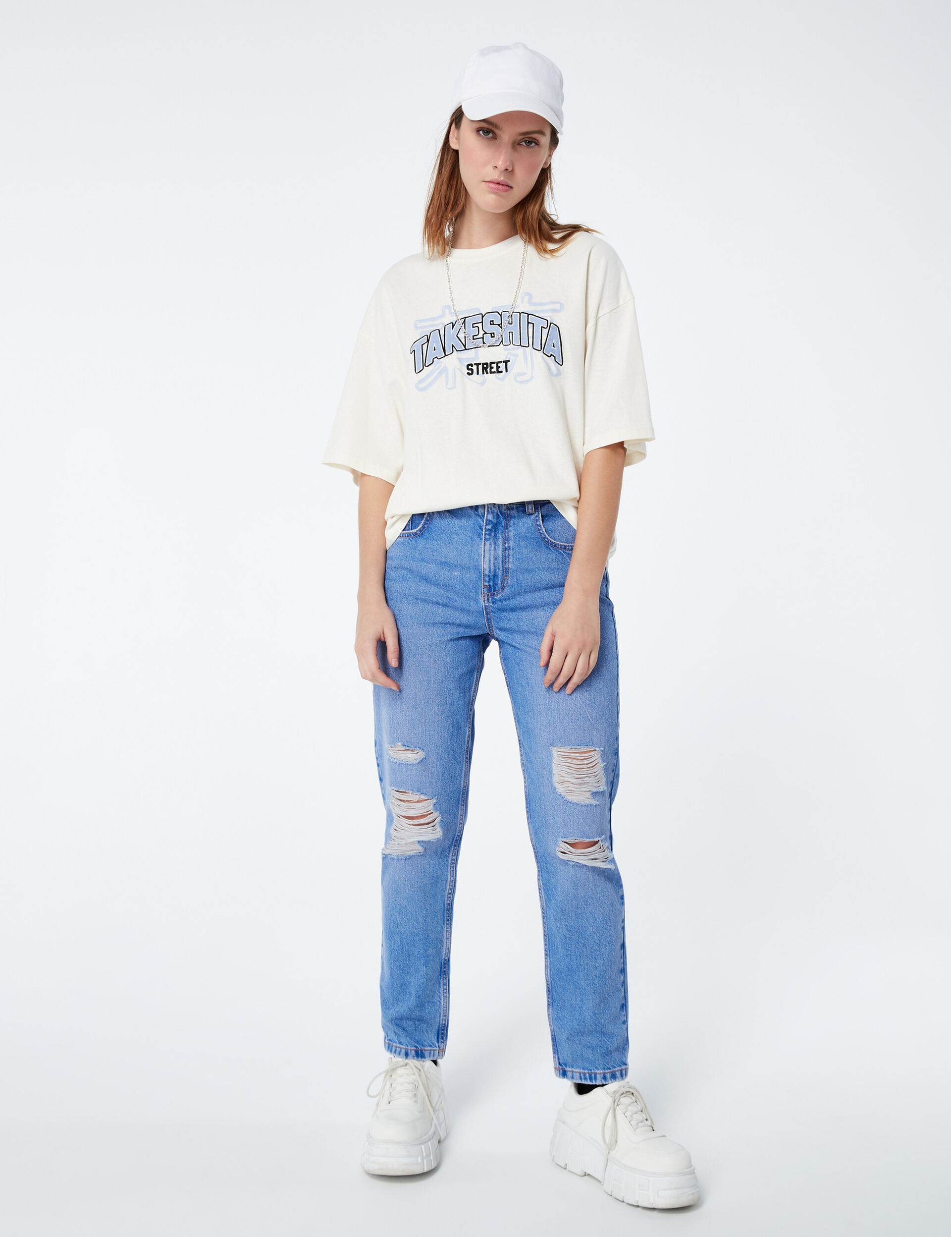 Distressed mom jeans