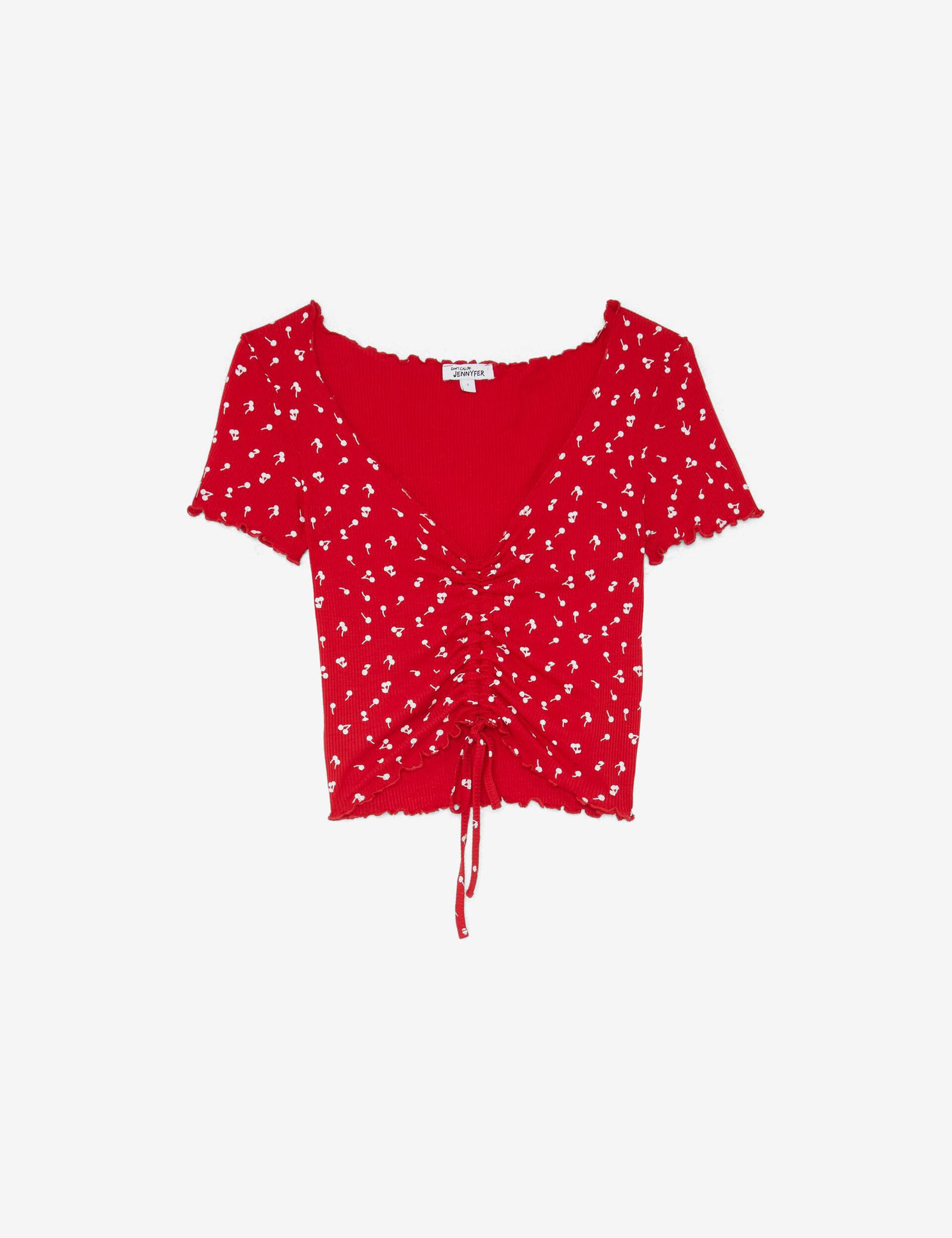 Tee-shirt court fleuri avec fronce, manches courtes, rouge