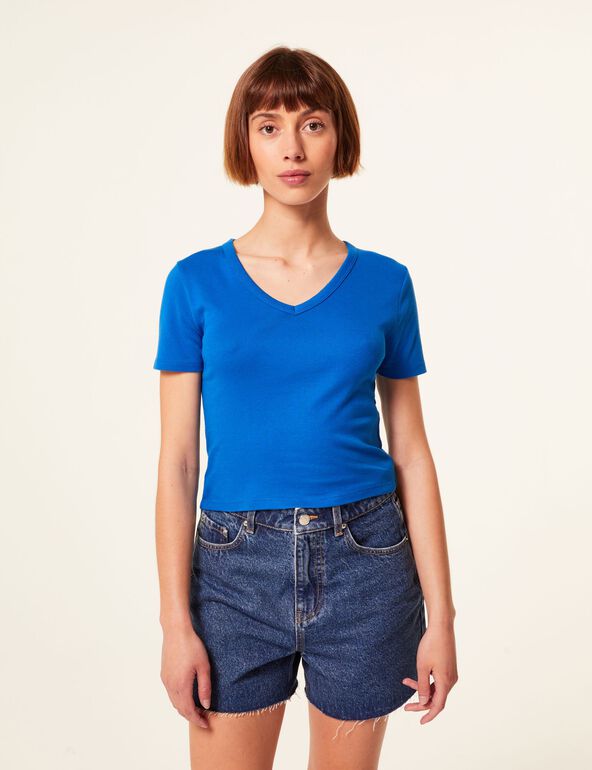 Tee-shirt basic ajusté col V bleu  teen