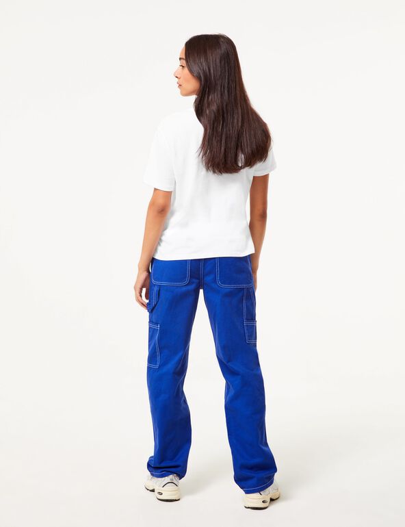 Pantalon carpenter bleu avec surpiqures blanches fille