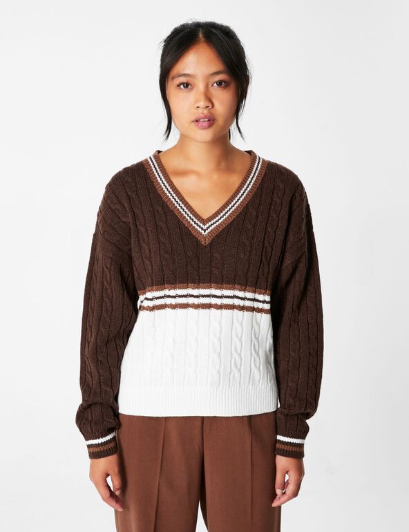 Pull maille col v marron teen