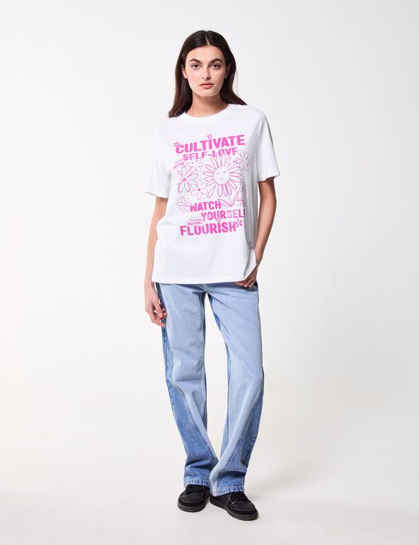 T-shirt blanc imprimé : self love et fleurs fille