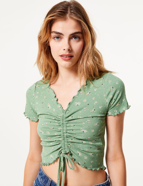 Tee-shirt fleuri avec fronces vert