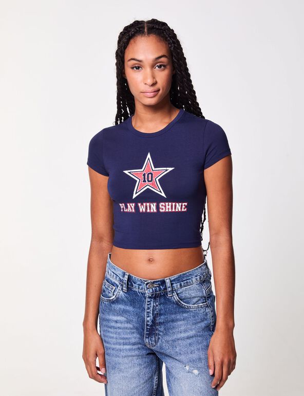 T-shirt court bleu marine imprimé : étoile teen