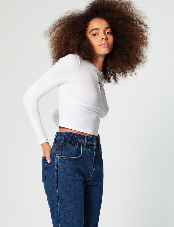 High-waisted paperbag jeans woman