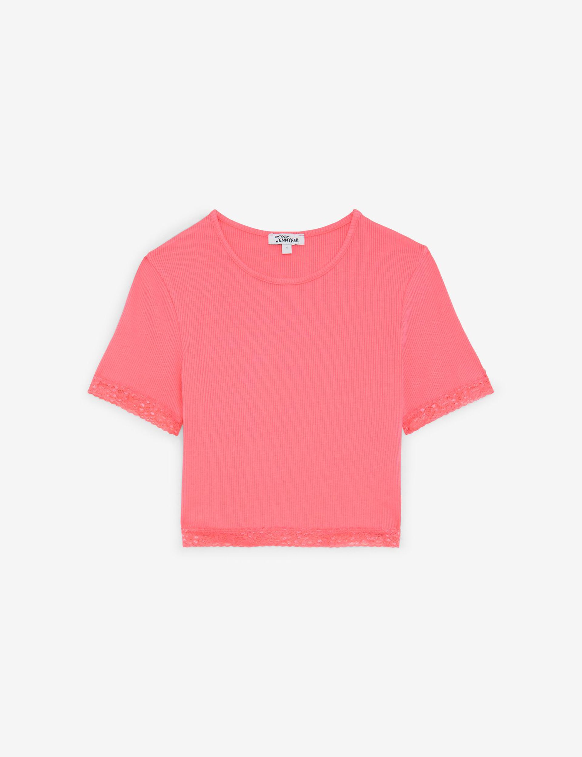 Tee-shirt côtelé rose avec dentelle 