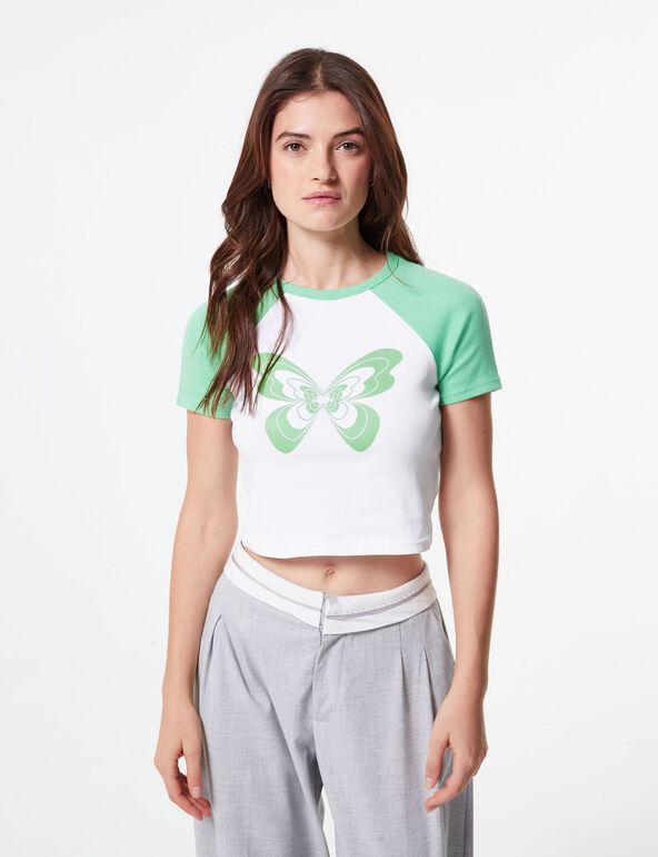 Tee-shirt imprimé papillon blanc et vert ado