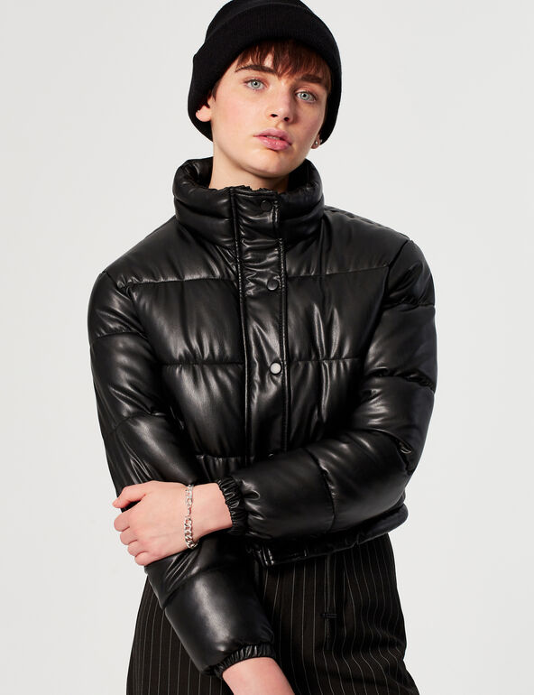 High-necked imitation-leather padded jacket teen
