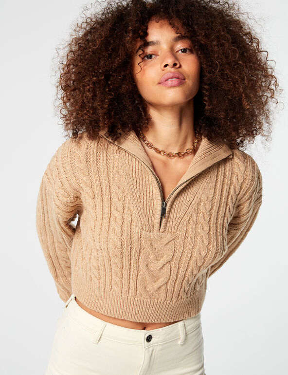 Zip-up high-necked cropped jumper