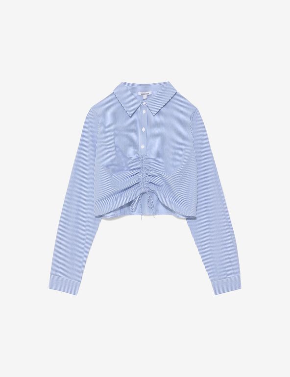 Chemise courte froncée à rayures blanche et bleue ardoise teen