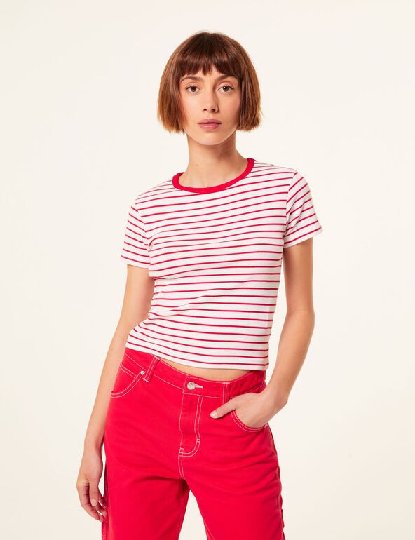 Tee-shirt ajusté à rayures blanches et rouges ado