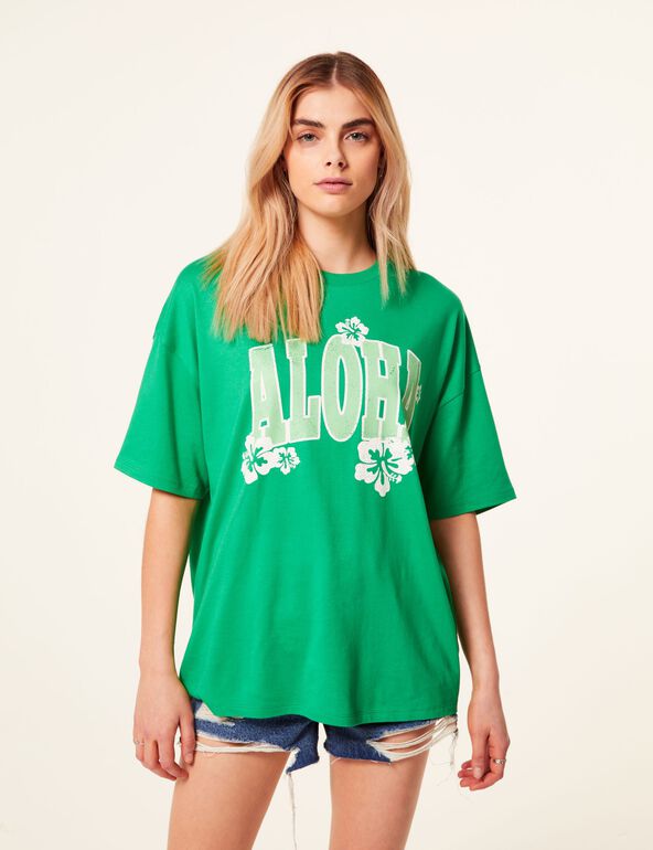 Tee-shirt oversize à message vert vif teen