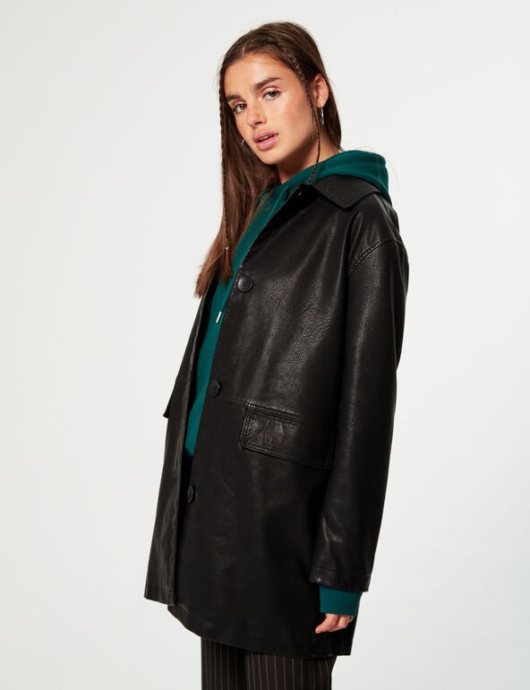 Imitation-leather mid-length coat