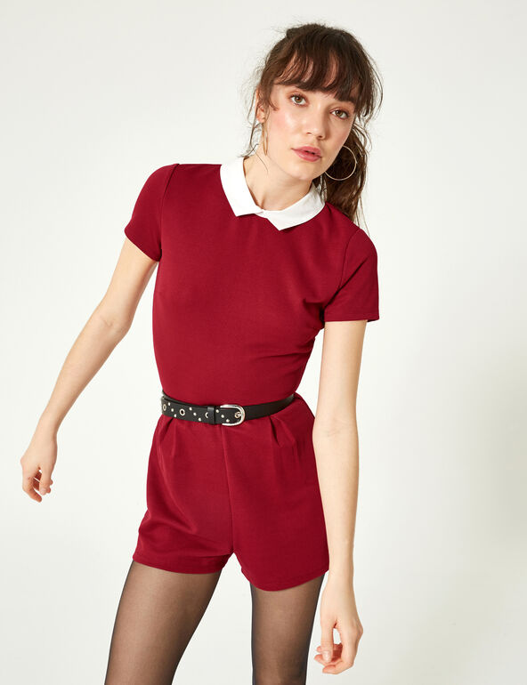 Burgundy playsuit with white collar detail teen